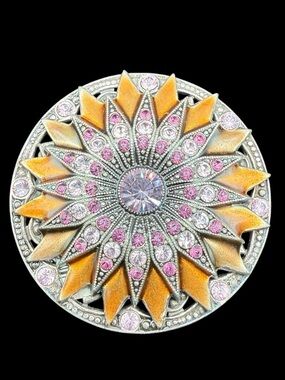 NWT Catherine Popesco Silver Filigree Floral Orange Pink Rhinestone Brooch